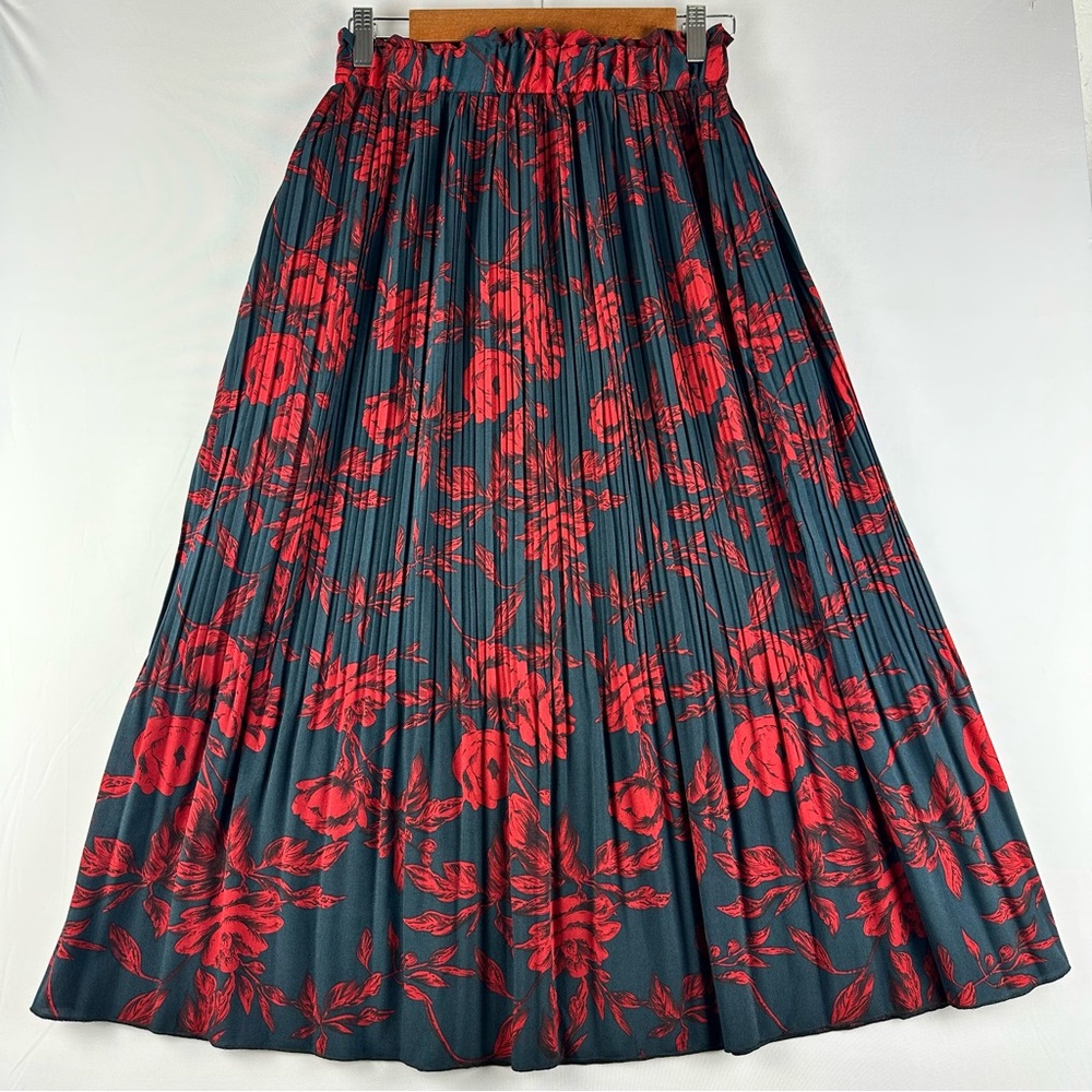 EXLURA Women Floral Pleated Flowy Side Pocket Midi Skirt Red Navy - Picture 4 of 15